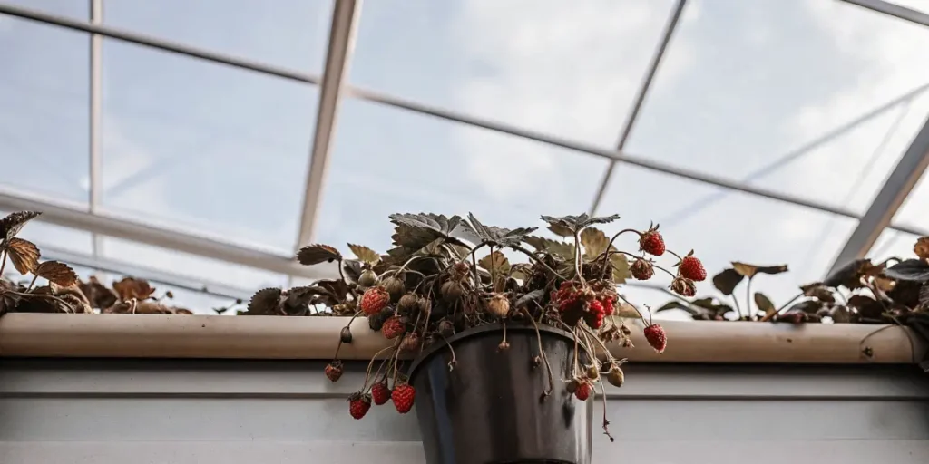 Close-up of strawberry plants with ripe berries growing inside a greenhouse.