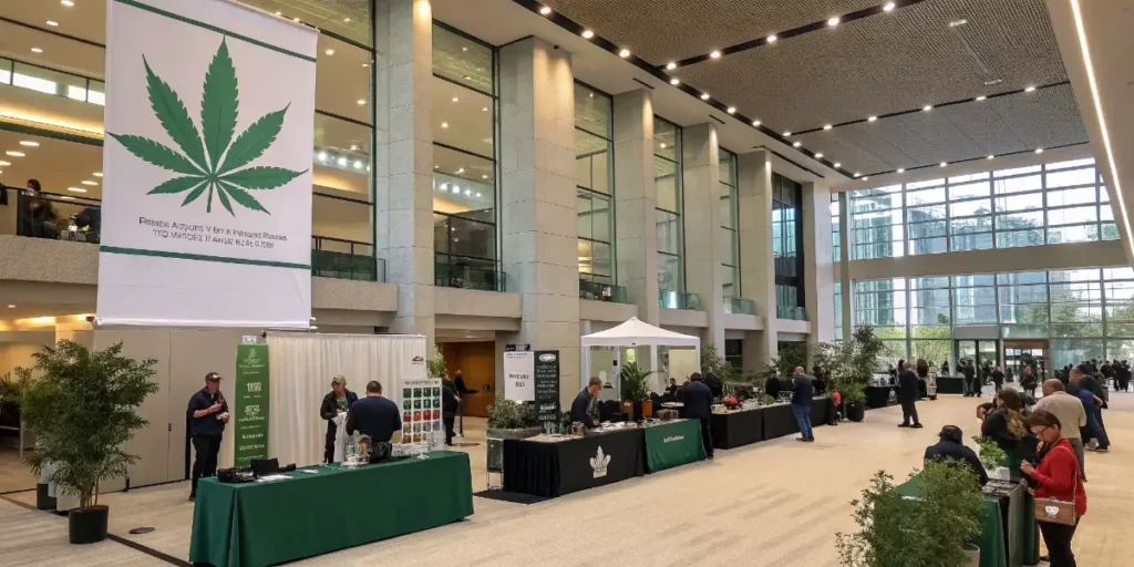 Lobby area of a U.S. cannabis business conference with informational booths and attendees networking.