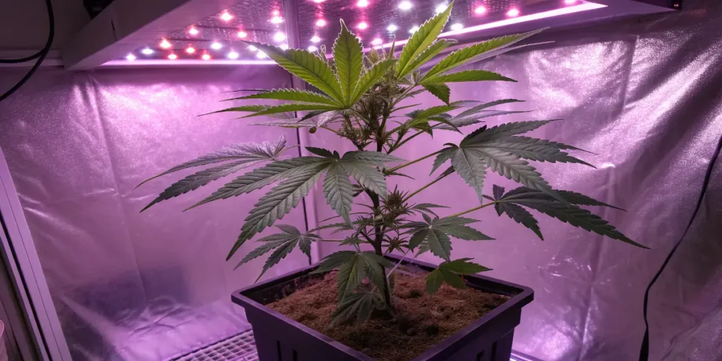 Master Yoda Auto Cannabis plant growing in a reflective tent under purple LED lighting.