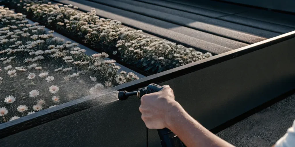 Hand watering daisies in a modern garden bed with a hose