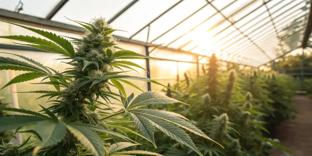 White-tipped buds developing densely inside a greenhouse with soft golden light.