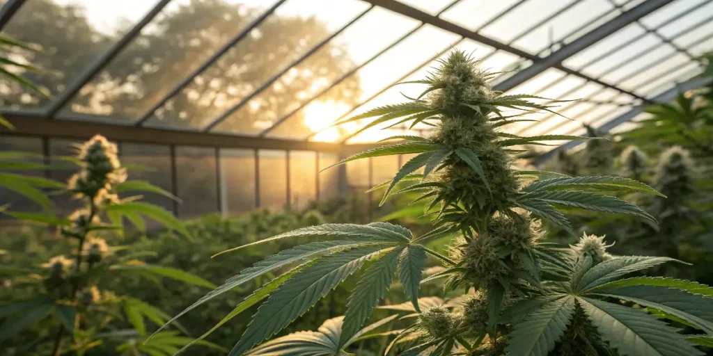 White-tipped buds standing tall in a greenhouse as sunrise illuminates the canopy.