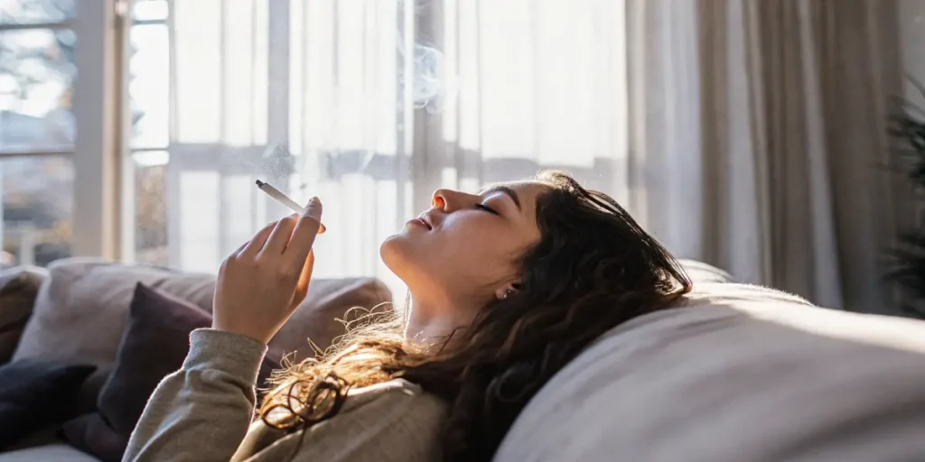 Woman reclining on sofa smoking cannabis joint in natural sunlight