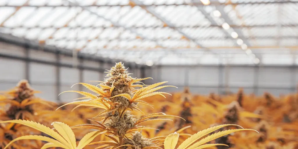 Cannabis plant with yellow leaves and buds inside greenhouse