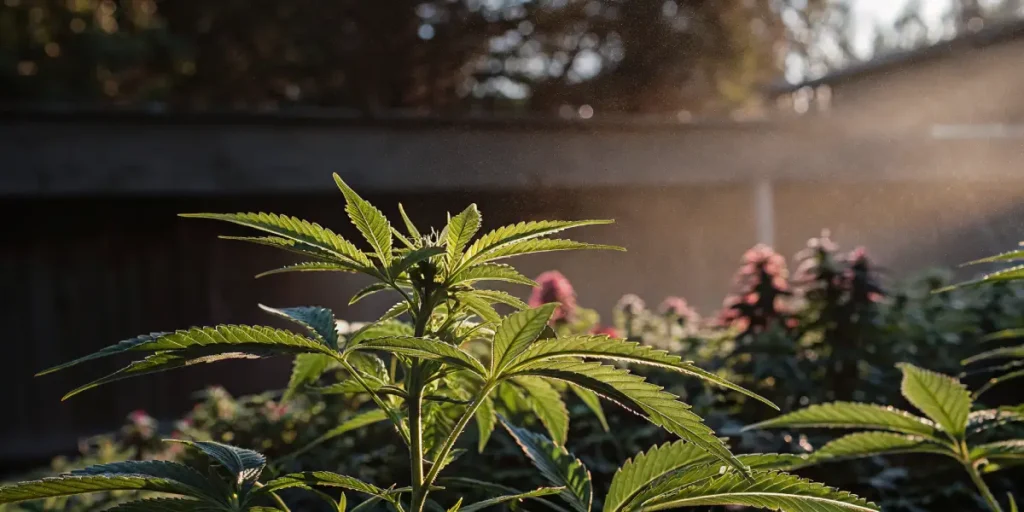 fresh cannabis leaves in early growth stage in an outdoor garden with soft light