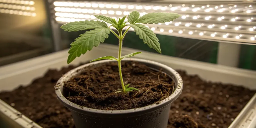 Cannabis strain in early growth stage developing broad leaves under LED lighting.