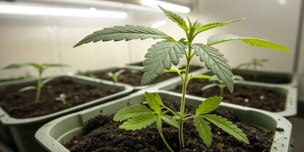 Cannabis plant seedling forming new leaf layers under bright LED illumination.