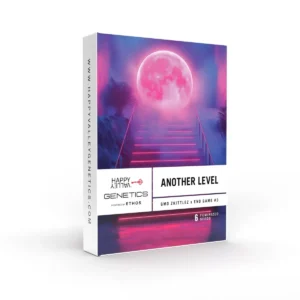 Another Level Strain seed packaging with glowing pink moon, neon-lit stairs, misty atmosphere, and a futuristic, dreamlike design.