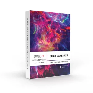 Candy Games #25 Strain seed packaging with abstract neon swirls, vibrant pink and purple tones, and a dynamic, energetic visual composition.