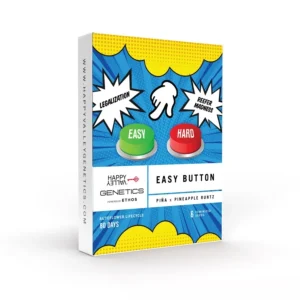 Easy Button Auto cannabis strain packaging with pop art design, green and red buttons labeled easy and hard, comic-style graphics, and bold blue background.