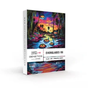 Everglades OG Auto cannabis strain packaging with colorful psychedelic artwork, tropical landscape, palm trees, and reflective water design.