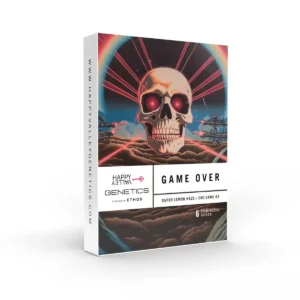 Game Over Strain seed packaging with a glowing skull illustration, red laser beams, dark clouds, and a dramatic sci-fi inspired background.