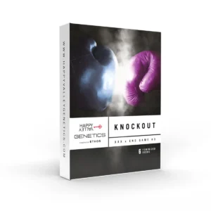 Knockout Strain seed packaging showing two boxing gloves colliding, blue and purple colors, smoke effect, and a powerful, dramatic theme.