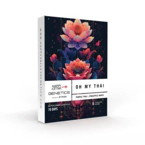 Oh My Thai Auto Strain seed packaging with layered lotus flowers in pink and orange tones on a dark background with a symmetrical, elegant design.