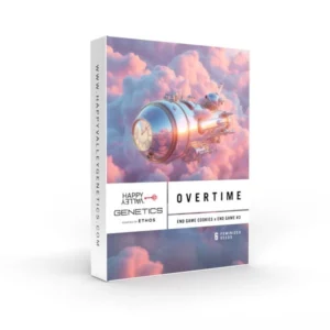 Overtime Strain seed packaging with a futuristic spacecraft flying through soft pink clouds, metallic details, and a dreamy sci-fi atmosphere.