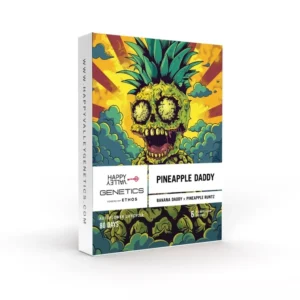 Pineapple Daddy Auto cannabis strain packaging with illustrated pineapple skull character, tropical colors, clouds, and bold comic-style artwork.