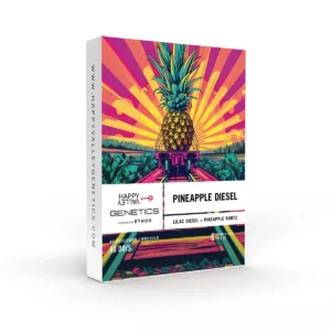 Pineapple Diesel Auto Strain seed packaging with a vibrant pineapple illustration, bold neon colors, and tropical sunset-style background.