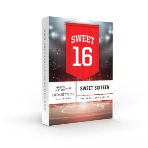 Sweet 16 Strain seed packaging featuring a bold red banner with the number 16, stadium lights background, and a dynamic sports-inspired design.