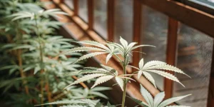 Ultra close-up of an albino cannabis plant growing inside a greenhouse with soft sunlight.