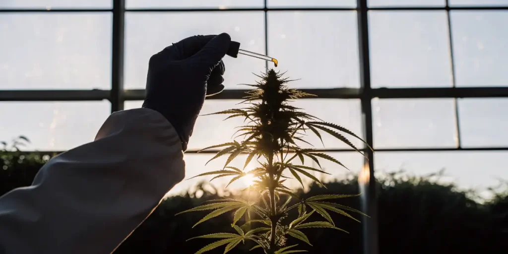 Applying cannabis oil drop to a plant in a greenhouse at sunset