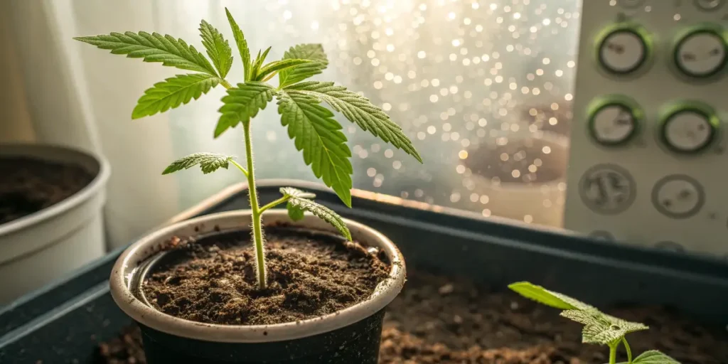 C. Banana seedling sprouting in soil under natural light.