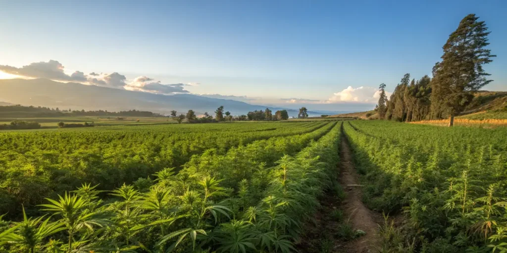 Lush cannabis fields in Bolivia under a clear blue sky with distant mountains and evening sunlight.