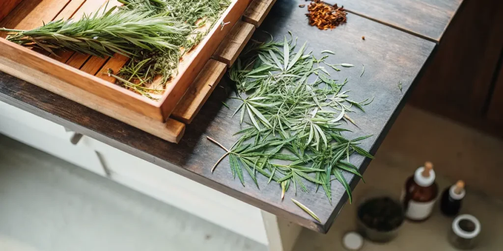 cannabis leaves prepared on wooden table for cbd oil extraction