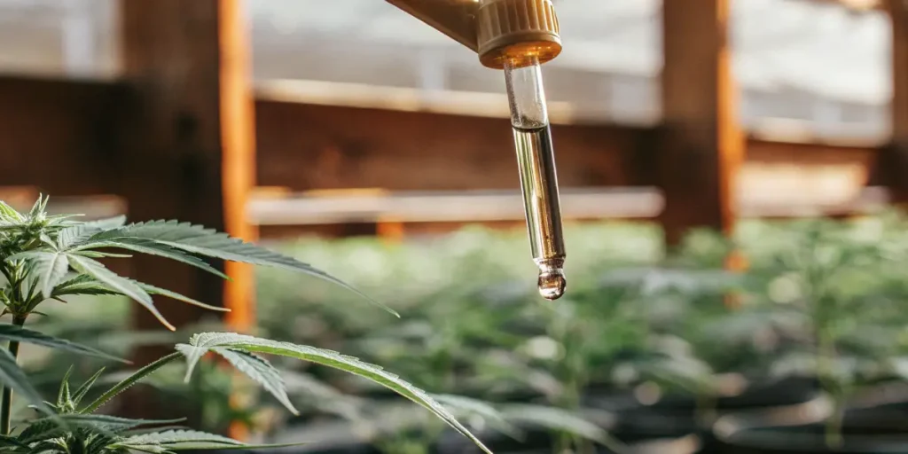 Drop of cannabis oil falling from a dropper above hemp plants in greenhouse.