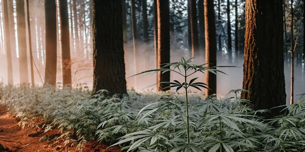 Cannabis plant growing in a misty forest surrounded by tall trees at dawn.