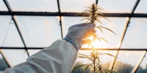 Gloved hand holding a cannabis plant under sunlight in a greenhouse