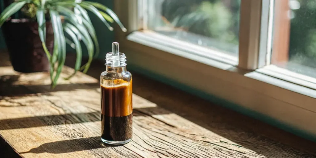 Cannabis tincture bottle filled with dark extract on a wooden surface.