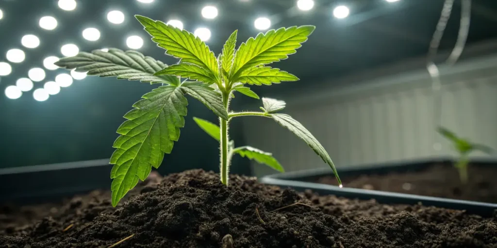 Young Chemdawg Auto seedling sprouting from soil under bright LED grow lights.
