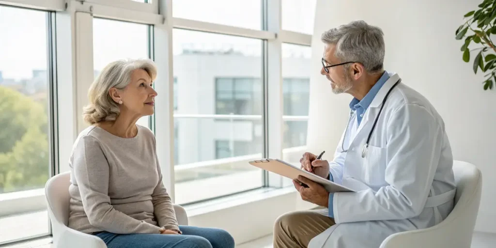 Older woman talking to her doctor during a consultation in a bright office.