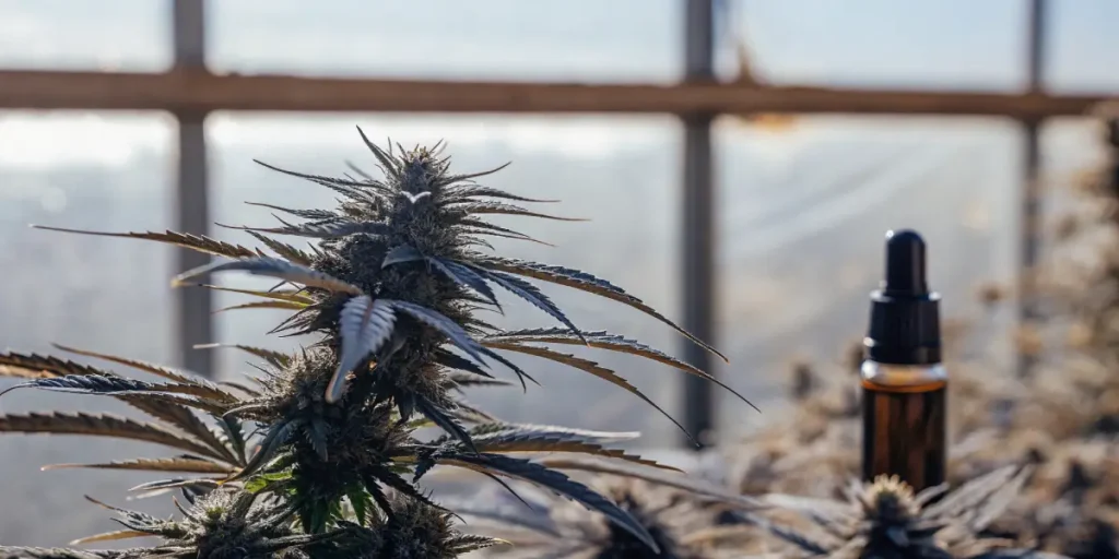 mature cannabis flower with cbd oil bottle inside greenhouse