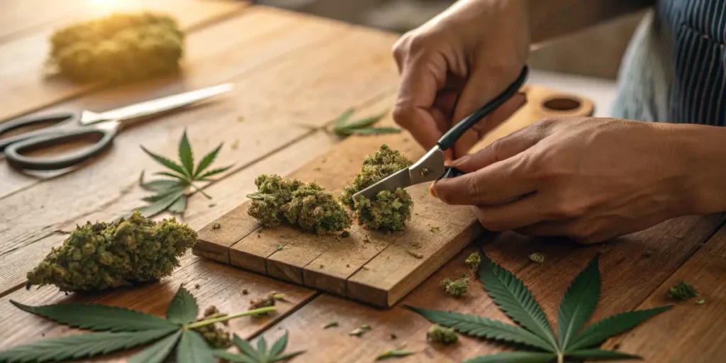 Hands trimming cannabis buds with scissors under sunlight, a simple hack to grind weed without a grinder.