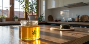 jar of golden cannabis concentrate with leaf symbol on kitchen table in sunlight.