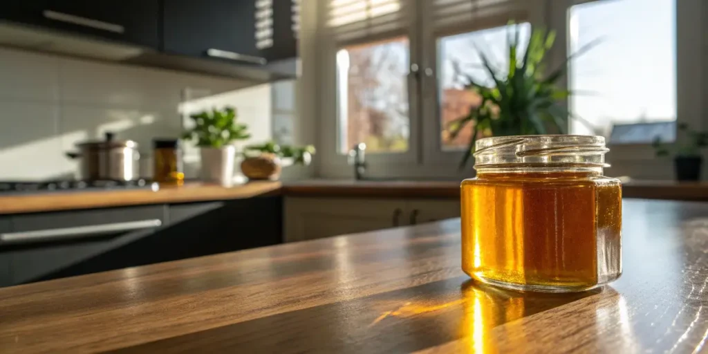 jar of amber cannabis oil on wooden counter in bright kitchen environment.