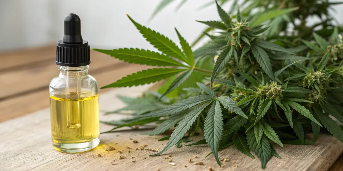 THC oil bottle next to cannabis plant concentrate extract