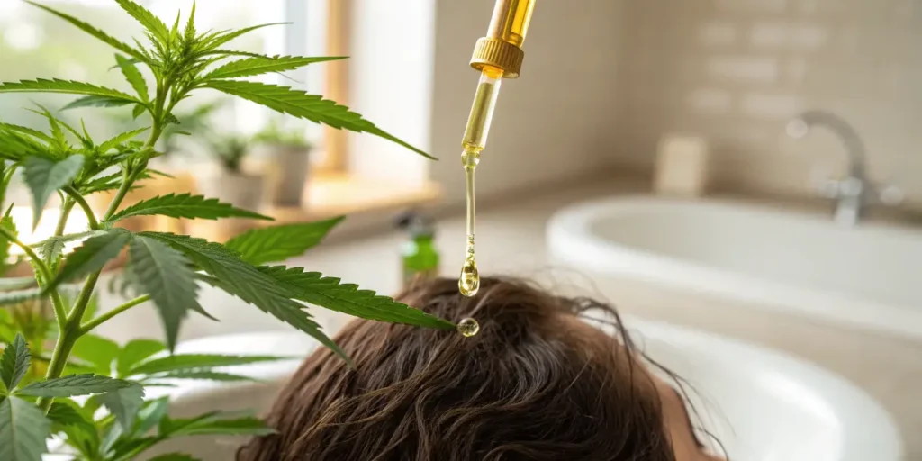 CBD oil dropper applying oil to hair and scalp