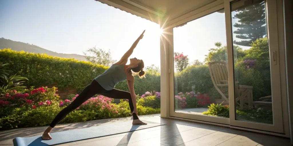 Person practicing yoga outdoors in the morning sunlight