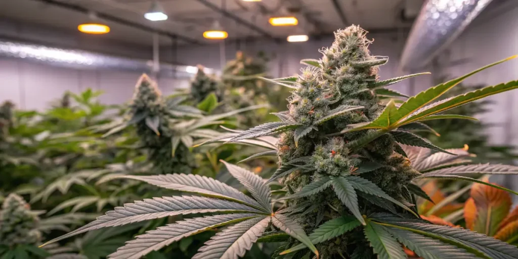 Balanced hybrid mint cannabis plant flowering indoors