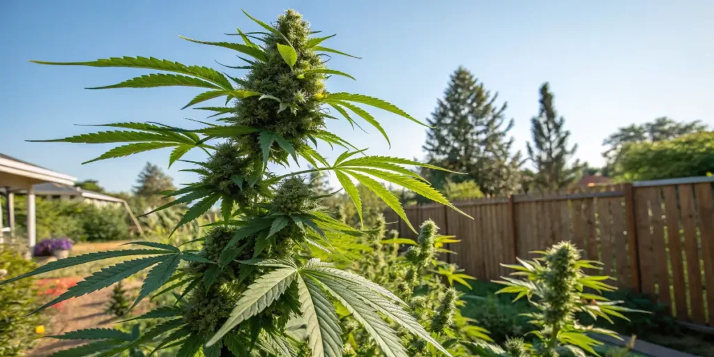 Balanced hybrid mint cannabis plant growing outdoors in garden