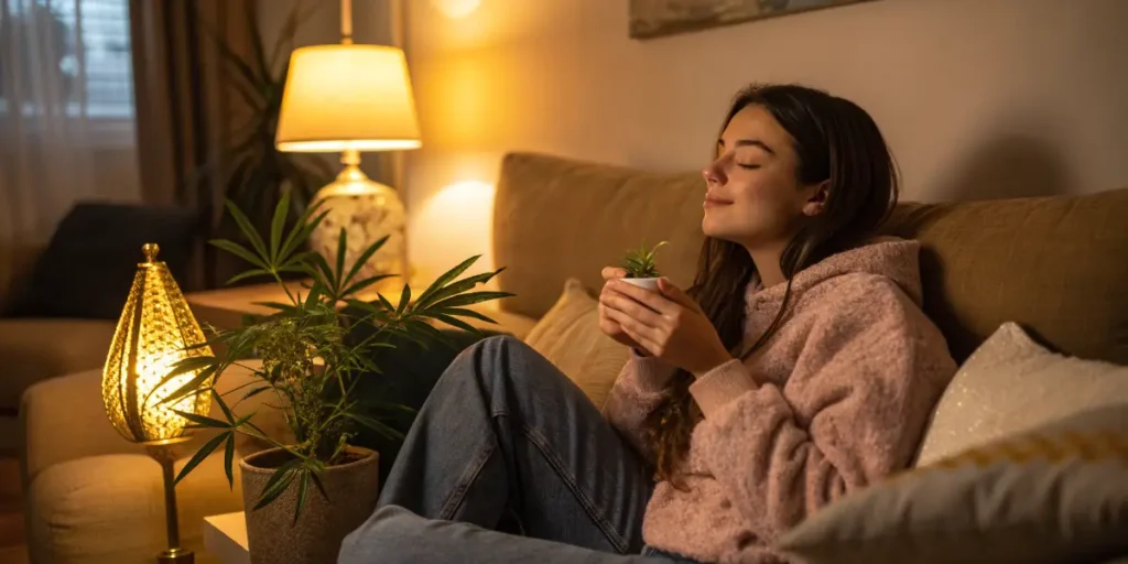 Cannabis affects the five senses in calm home environment with warm lighting