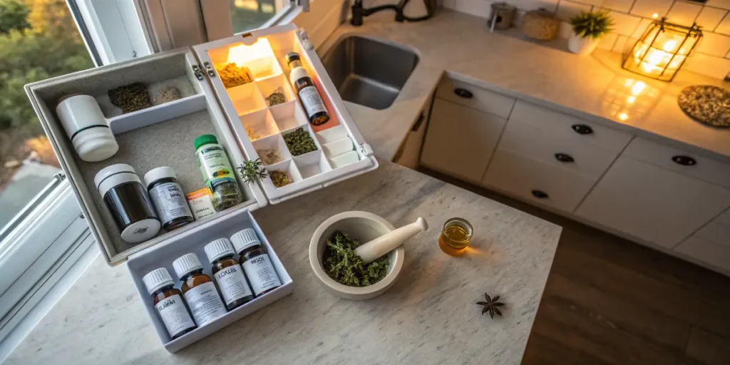 Cannabis buds and pills on medical document beside cup of tea