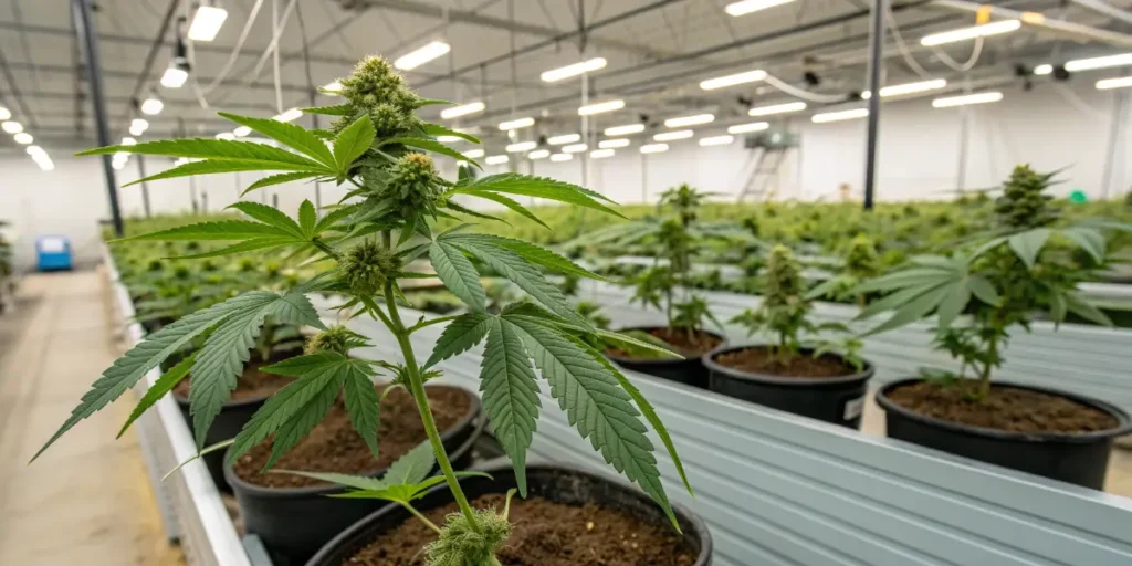 Cannabis & Sexual health theme with flowering plant in large indoor facility