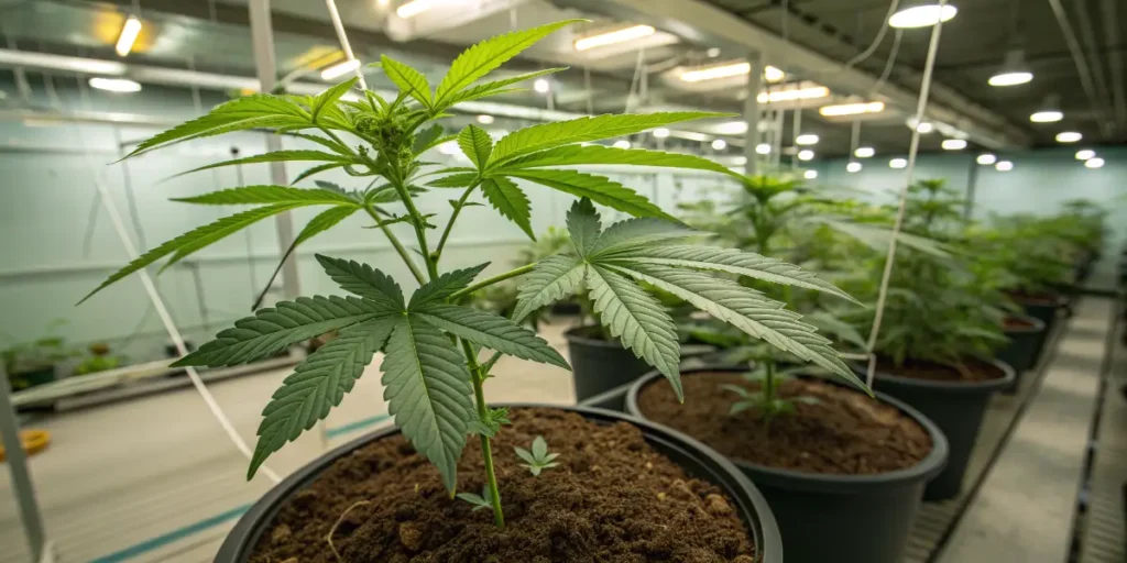 Cannabis & Sexual wellness concept with young plant growing under indoor lights