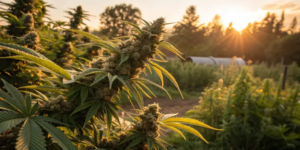 cannabis buds growing in outdoor cultivation field at sunset