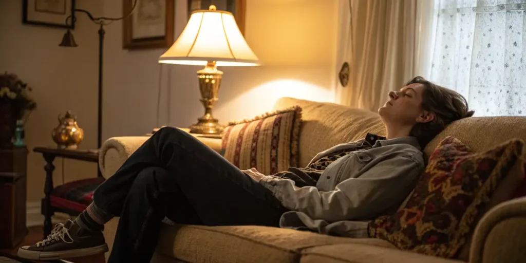 Person resting on couch at night feeling deeply relaxed