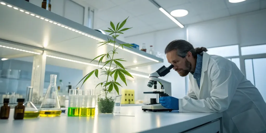 Cannabis for Hypertension research in laboratory with scientist analyzing plant sample