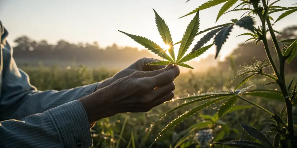 Hands holding cannabis leaf outdoors representing Cannabis for Hypertension natural study